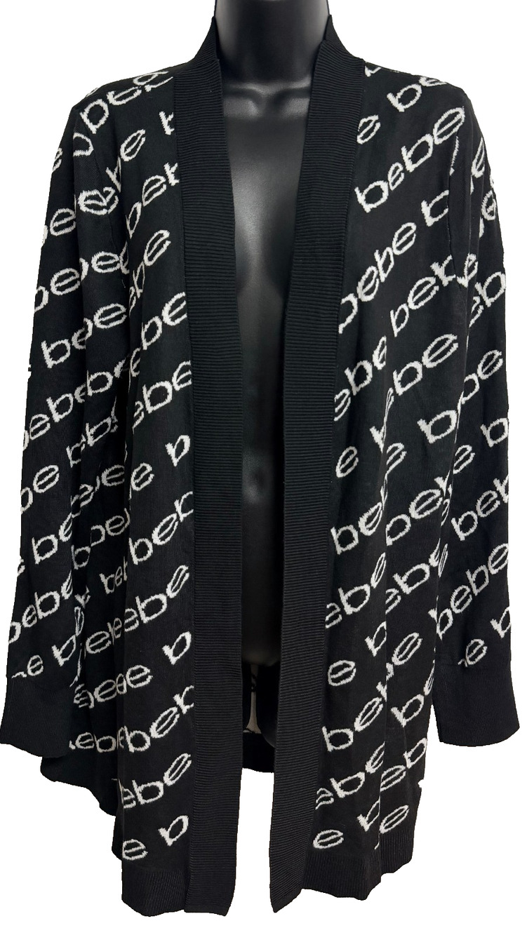 Bebe Open Front Cardigan Women's XL Black White Logo Print Duster Sweater NEW